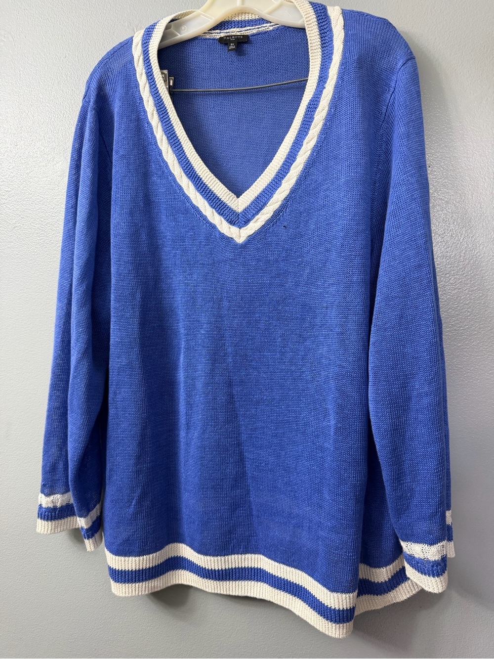 Talbots Royal Blue Knit  with Ivory Trim V-neck linen Sweater 3x